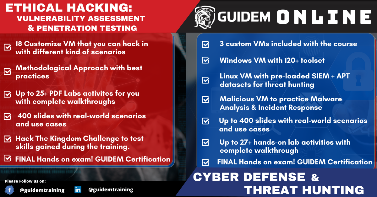 guidemtraining's tweet photo. LAST CHANCE to avail huge discount on our in demand courses. Cybersecurity training with Real-world hands on laboratory exercises LIVE ONLINE! Limited slots available! ENROLL NOW!
https://t.co/ZycwQ3Q9pM
#GuideM2Secure #GuideM2PWN #GuideMOnline https://t.co/wT5E8pWHCC