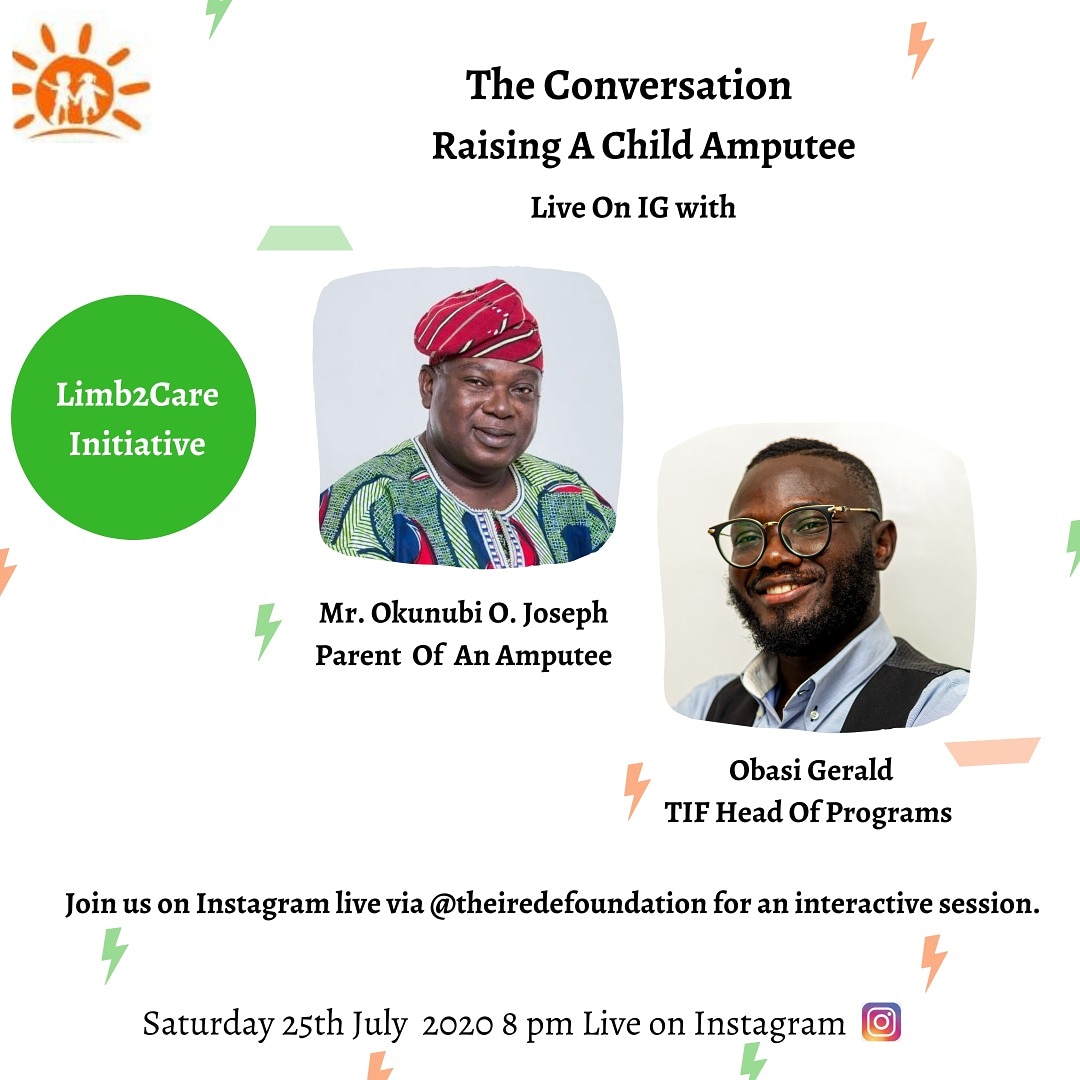 theirede's tweet photo. It's another #Limb2Care Weekend!!!
This Saturday, 25th of July 2020 join #TIFSupportGroup for a live Instagram Chat on the topic " RAISING A CHILD AMPUTEE" with Mr. Okunubi O. Joseph and @theirede at 8 pm. https://t.co/nSMc4ygTBG