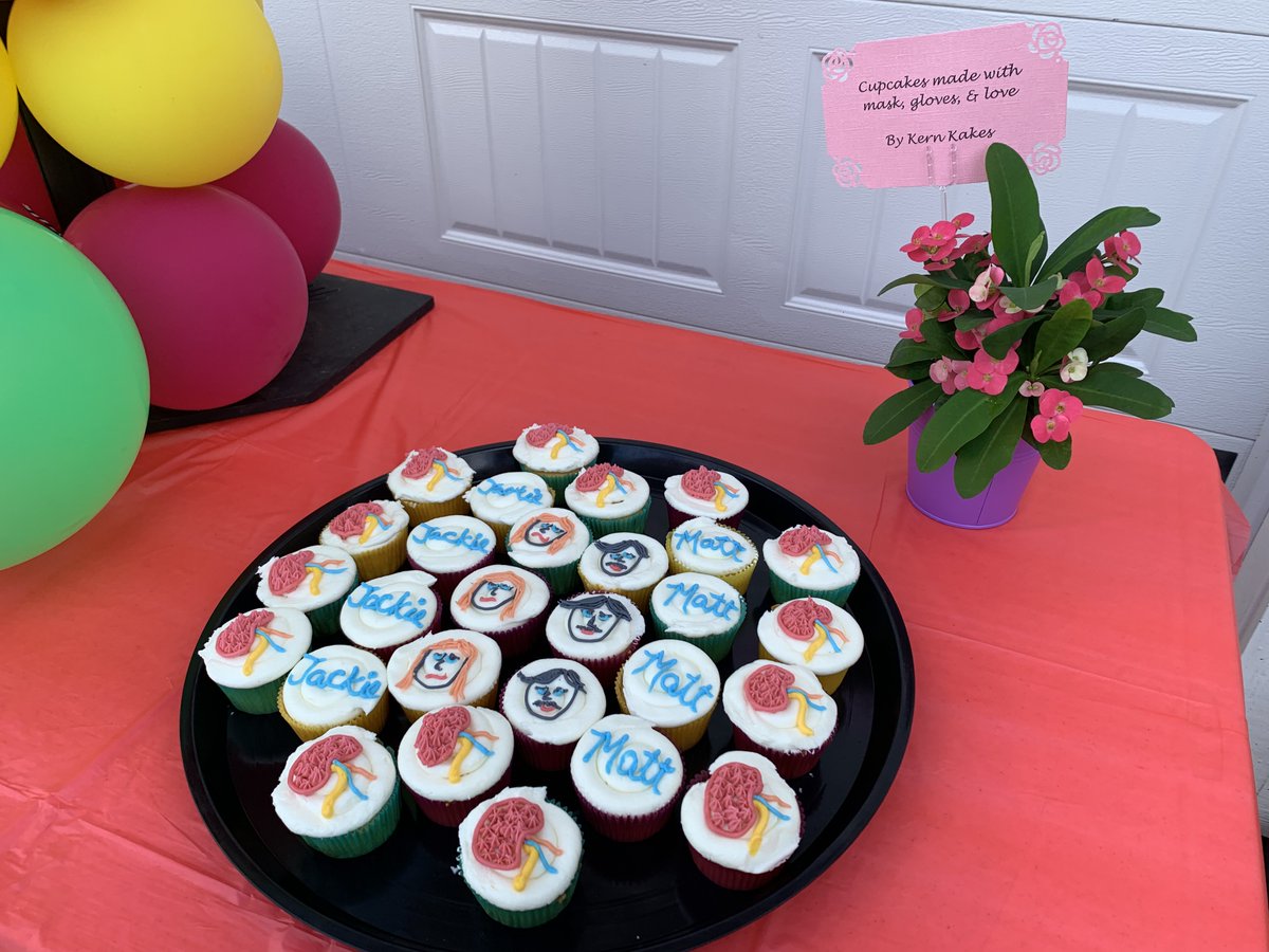 uvaurology's tweet photo. 2020 Chiefs’ graduation amidst COVID. Thank you to Dr. Smith for letting us socially distance at his house and to Dr. Kern for the decorations and amazing cupcakes with the chiefs’ faces on them! #uva #urology #uvaurology #chiefgraduation https://t.co/J4dfCOHNtU