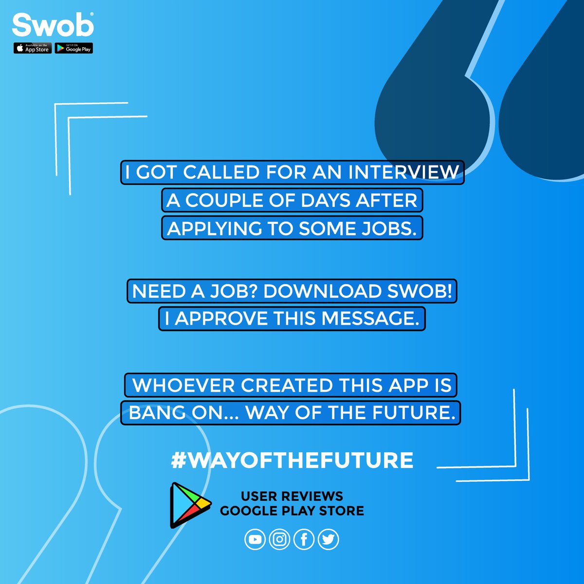 SwobApp's tweet photo. Looking for a #Job ? Check out what our users have to say about using Swob ๐ก
#friday #tgif #weekend #fridaymood #fridayvibes #feels #review #reviews #googleplay #appreviews #users #students #download #swob #free #freeapp #getajob #mindset #positivity #energy #jobs #work https://t.co/IknqaA6L21