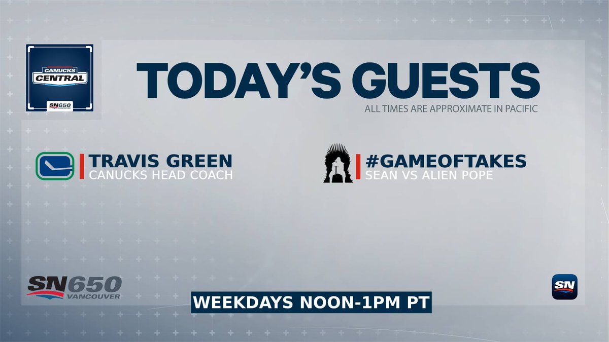 Sportsnet650's tweet photo. Time for #CanucksCentral at Noon with @JamieDodd and @SatiarShah!
#Canucks head coach Travis Green joins the show as training camp nears an end. Plus, we'll put a wrap on #GameOfTakes this week!
💬 650650
📡 96.9 HD 3
🎧 https://t.co/mDLZc4EUQN
🗣️ "Alexa, play Sportsnet 650" https://t.co/K6lWGI33UY