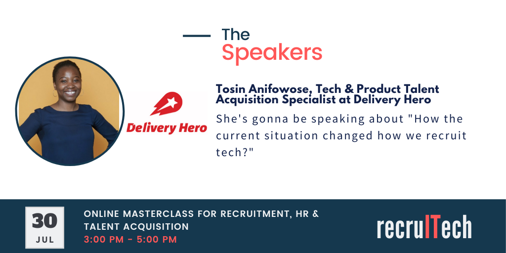 TechStartupJobs's tweet photo. Tosin Anifowose, Tech & Product Talent Acquisition Specialist at @Tech_DH, she will be talking about How the current situation changed how we recruit tech' in our recruITech July 2020. Grab your ticket 🎫 here https://t.co/BejH56eiT1 #Recruiting #Recruitech #HR #HRTechniques https://t.co/mRGacYEIxK