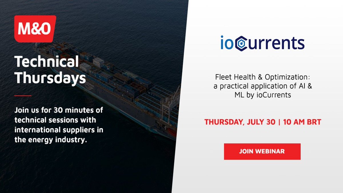 M_O_Global's tweet photo. Does your company want to use technology to improve OPEX? 
Attend this webinar with market-leading ioCurrents and learn more about a practical application of AI and ML on your vessels.

#remotework #fleetmanagement #fleetmaintenance https://t.co/hI1BEfhc2N