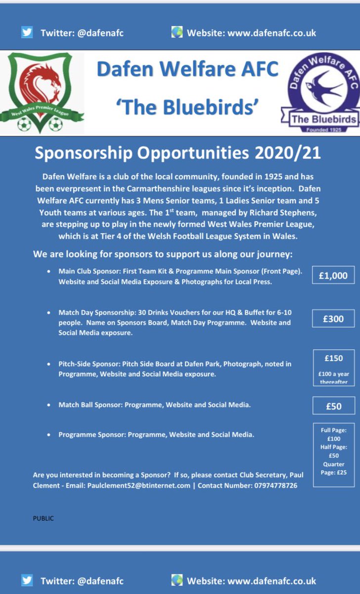 Dafen Welfare A.F.C. are looking for sponsors for the upcoming 2020/21 season, as we embark on the challenge of the West Wales Premier League.  If interested, please contact the details below to enquire.  #WAWBA #Bluebirds #GrassrootsFootball