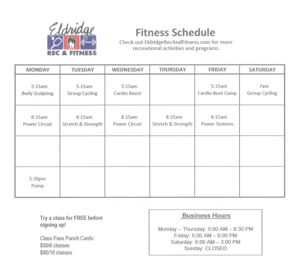 Classes are back at Eldridge Rec &amp; Fitness starting on Monday! Come join me at 5:15 AM! We will be social distancing, staying 6 feet away and if classes are too big we will go outside.  Hope to see you there!  Bring a friend :-)  PLEASE SHARE.