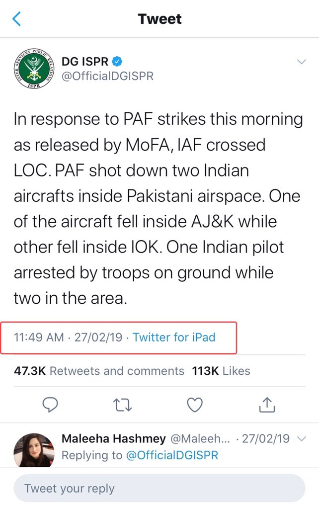 27-02-2019: 11:49AM- DGISPR made the official statement regarding shooting down of 2 Indian Warplanes inside PAK airspace and the capture of 1-Indian Pilot where as 2-Pilots were still in the area.