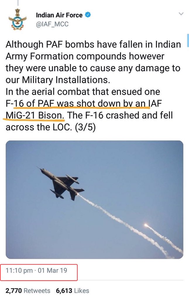 1-03-19: IAF made the official statement that a F-16 was shot down by IAF over pak airspace by one of its Mig 21Bis