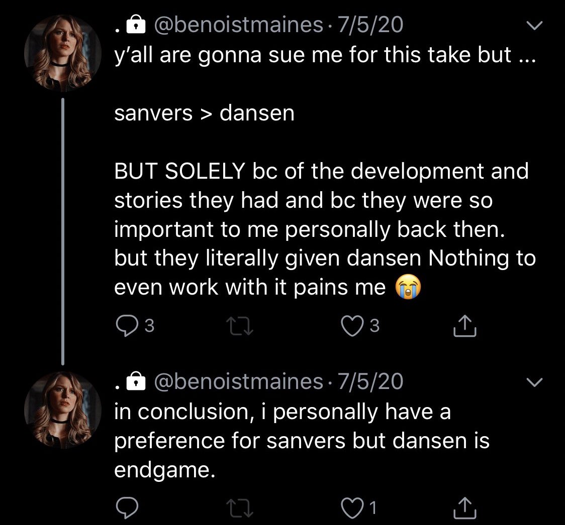 anyone who’s paid .5 seconds knows that sanvers n dansen have had about the same amount of screentime n about the same amount of depth so this is a perfect example of what i mean when i say that y’all don’t actually care and the fakeness of it all