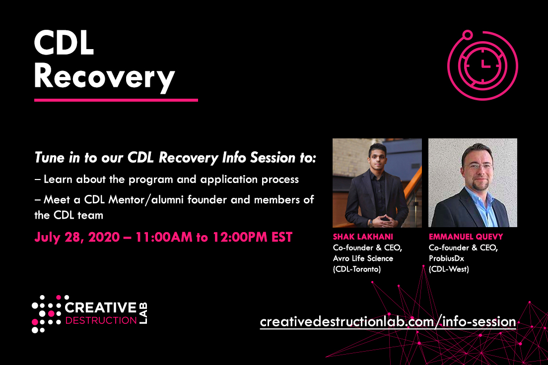 creativedlab's tweet photo. Missed our Info Sessions today? Our next one is on #CDLRecovery - ⏲️ Jul 28 at 11AM EST 🚀

➡️ Learn about the program &amp; application process 
➡️ Hear from #CDLAlumni companies:
@shaklakhani, CEO of @AvroSci 
Emmanuel Quevy, CEO of ProbiusDx

https://t.co/gAyFyb8e5f https://t.co/mM7iNh8E2g