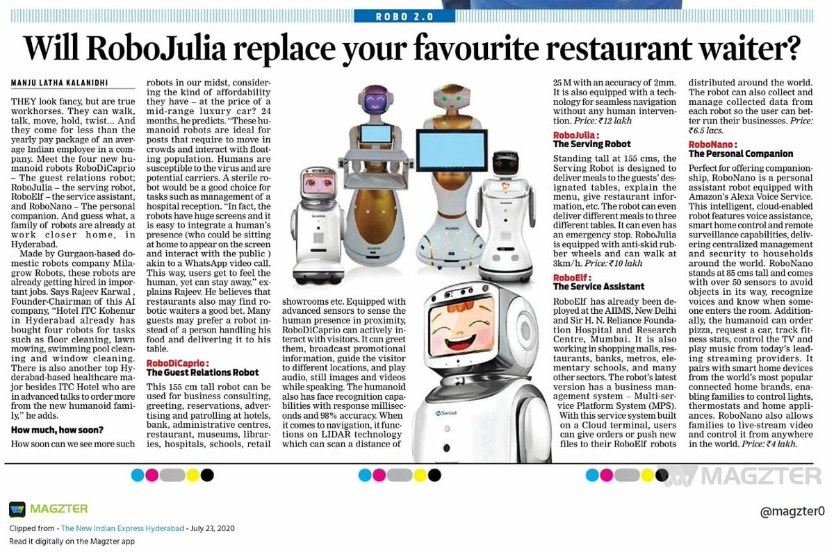 rajeevkarwal's tweet photo. " @ITCHotels Kohenur in Hyderabad already has bought four robots for tasks such as floor #cleaning, #lawncare  #mowing, #swimmingpool cleaning &amp; #Windowscleaning. Thanku @mkalanidhi @NewIndianXpress  r doing a well researched story on @MilagrowRobots #humanoidrobot 
#hospitality https://t.co/sGFSUacoyh