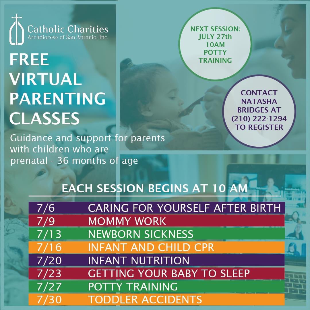 CathCharitiesSA's tweet photo. It's not too late to join in on a free, virtual, parenting class! We have three different classes happening on Monday for you to choose from. Contact Natasha Bridges to sign-up, today! #CCSAAlwaysServing https://t.co/LmBFypRx8Z