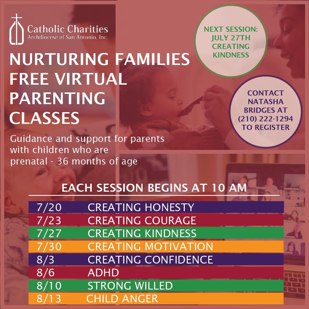 CathCharitiesSA's tweet photo. It's not too late to join in on a free, virtual, parenting class! We have three different classes happening on Monday for you to choose from. Contact Natasha Bridges to sign-up, today! #CCSAAlwaysServing https://t.co/LmBFypRx8Z