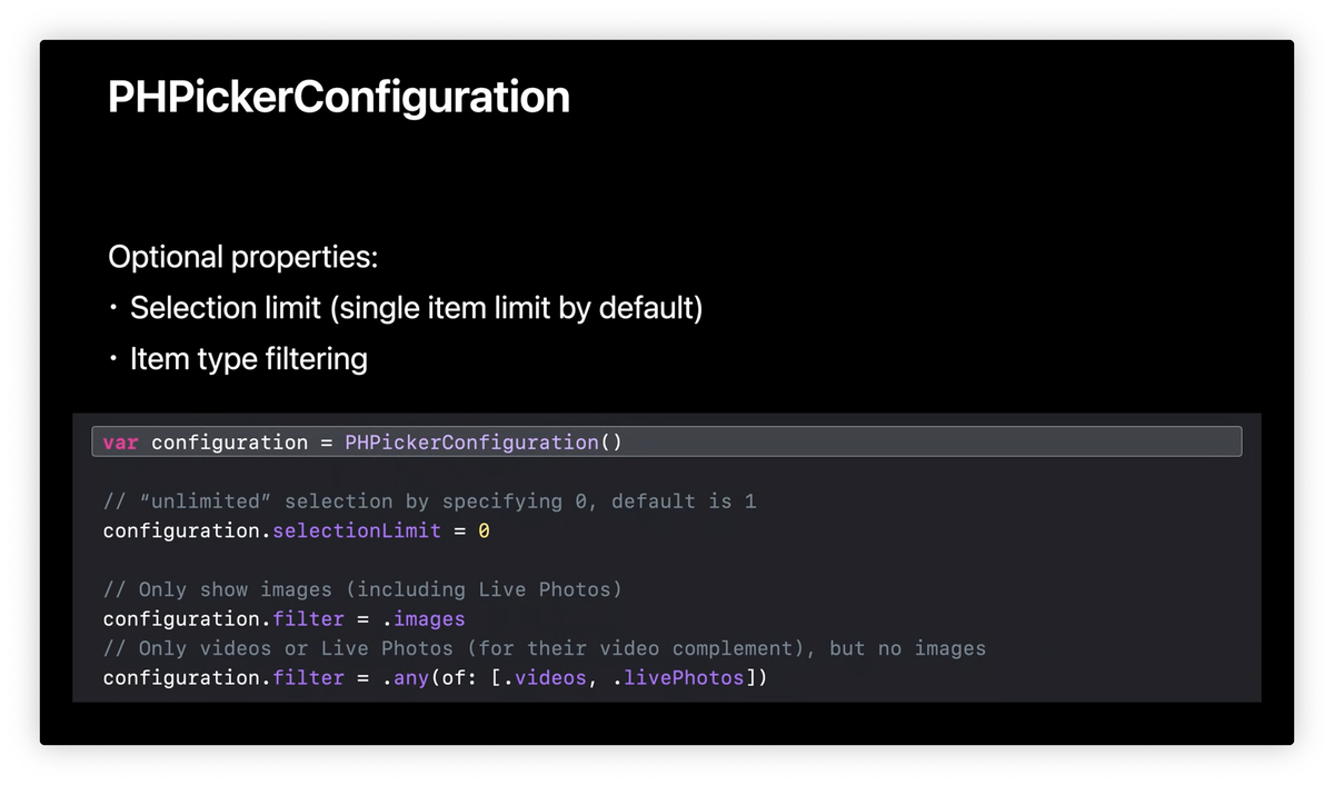 // "unlimited" selection by specifying 0, default is 1 configuration.selectionLimit = 0