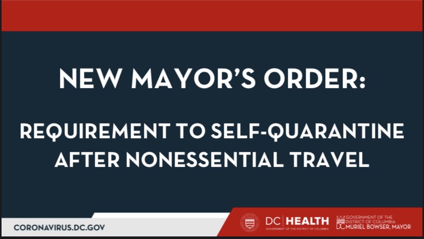 MayorBowser's tweet image. Beginning Monday, July 27, anyone coming into Washington, DC from a high-risk area who was not traveling for essential activities will be required to self-quarantine for 14 days.

The order excludes Maryland and Virginia. 

Read the full order: coronavirus.dc.gov/page/mayor%E2%…