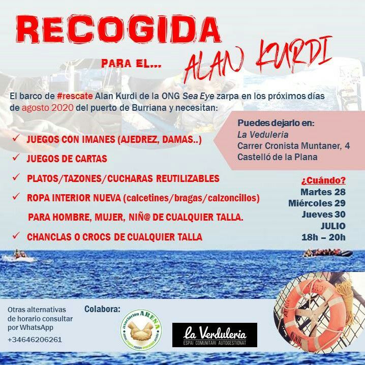 Dimarts, dimecres i dijous de la propera setmana acollirem una recollida de material per a l'Alan Kurdi organitzada per l'associació Arena 👇