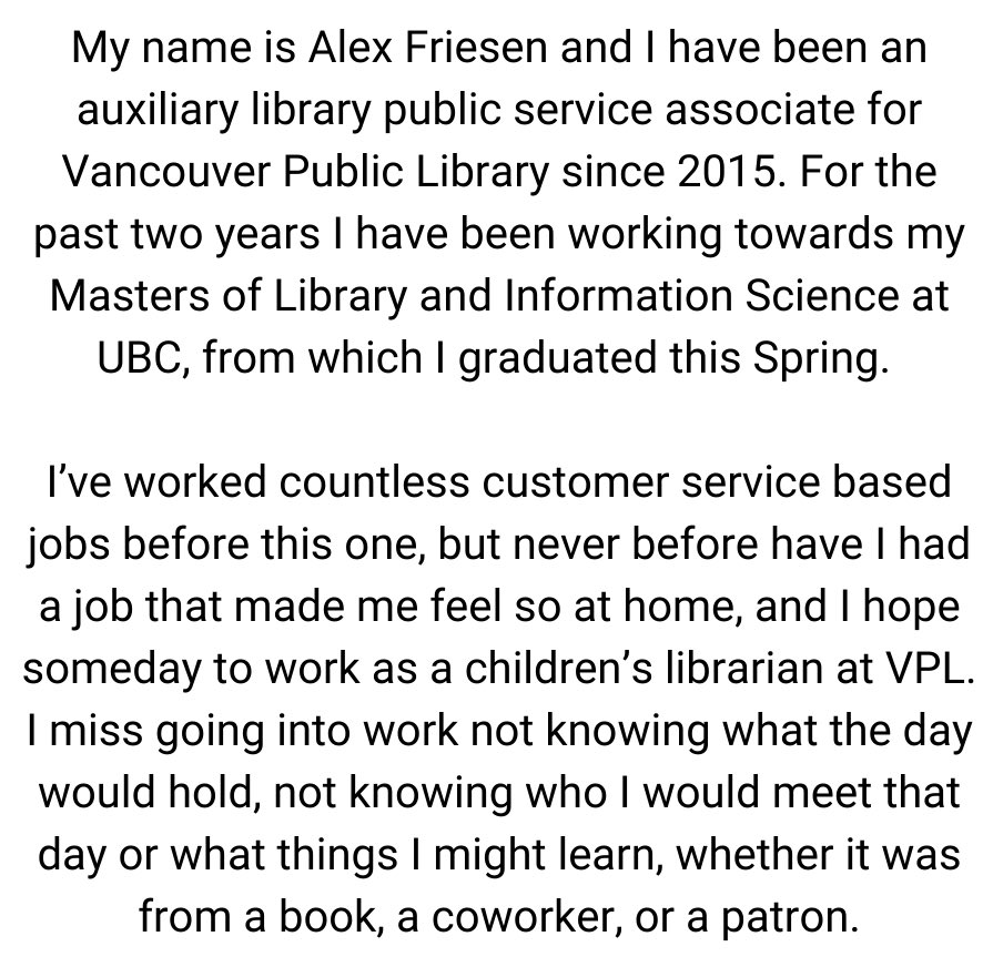 CUPE391's tweet photo. We are sharing messages from our CUPE 391 members who want to let you know what they’ve missed most about working at Vancouver Public Library.
Today, meet Alex!
#wemissourlibrariestoo #vancouver #vancouverpubliclibrary #VPL #vanpoli #librarytwitter #vanlab #onlylibrariescan https://t.co/e4hyDdgGS5