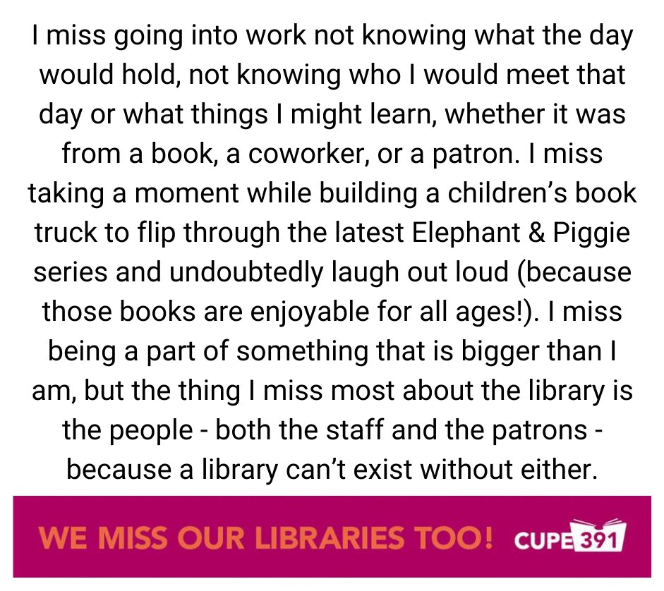 CUPE391's tweet photo. We are sharing messages from our CUPE 391 members who want to let you know what they’ve missed most about working at Vancouver Public Library.
Today, meet Alex!
#wemissourlibrariestoo #vancouver #vancouverpubliclibrary #VPL #vanpoli #librarytwitter #vanlab #onlylibrariescan https://t.co/e4hyDdgGS5