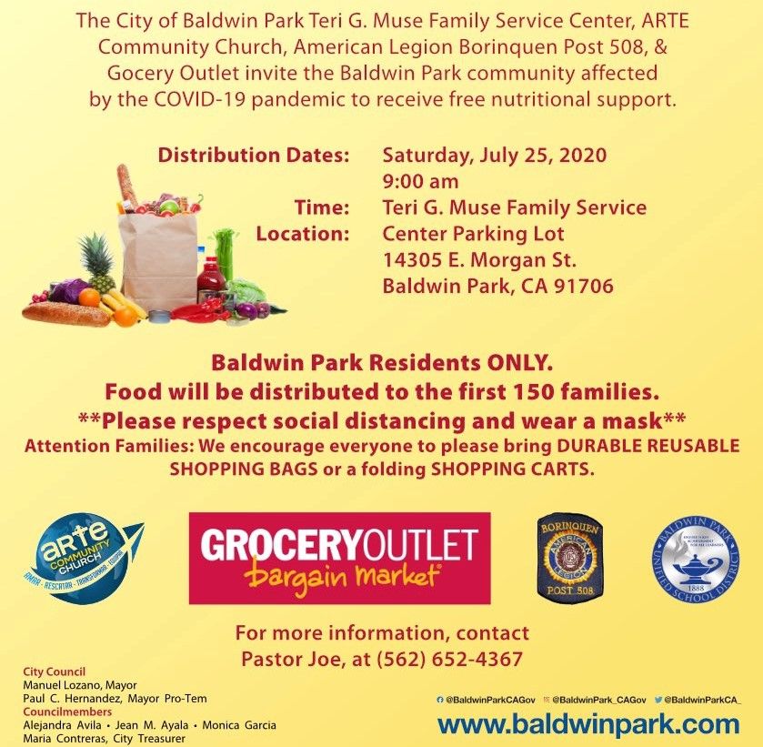 Baldwin Park families are invited to the Food Distribution Collaborative, 9 a.m. tomorrow at the Teri G. Muse Family Service Center, 14305 E. Morgan St.! This service is provided in partnership with @baldwinpark_cagov, ARTE Community Church and American Legion Borinquen Post 508.