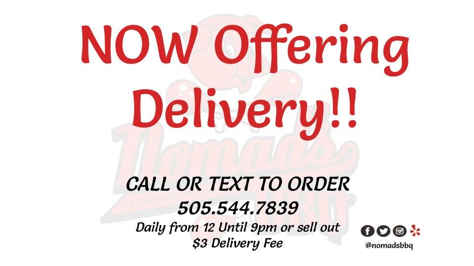 nomadsbbq's tweet photo. Now offering Delivery in Albuquerque!! 🍗😋😁 12-9pm  or until sold out!! 

#nomadsbbq #ABQlocalscene #burquelocals #awesomebbq  #BBQ #abq #abqtrue #albuquerque #newmexico #nmtrue #purenm #abqfoodtrucks #burque #Turkeylegs #Pulledpork #Hotlinks #chickenbreastsandwich https://t.co/taQGWbg464