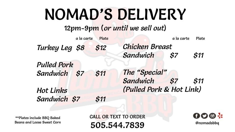 nomadsbbq's tweet photo. Now offering Delivery in Albuquerque!! 🍗😋😁 12-9pm  or until sold out!! 

#nomadsbbq #ABQlocalscene #burquelocals #awesomebbq  #BBQ #abq #abqtrue #albuquerque #newmexico #nmtrue #purenm #abqfoodtrucks #burque #Turkeylegs #Pulledpork #Hotlinks #chickenbreastsandwich https://t.co/taQGWbg464