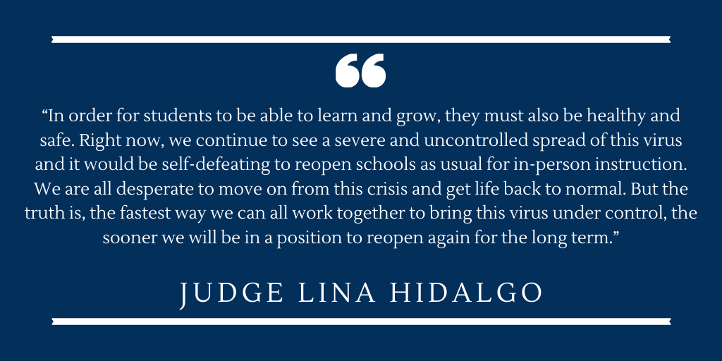 HarrisCoJudge's tweet photo. Today, Dr. Umair Shah and Dr. David Persse, Local Health Authorities for Harris County and Houston signed a control order requiring all public and non-religious private schools to delay in-person instruction until at least September 8. Read the order here: https://t.co/jFluc8h3CO https://t.co/jXHMiORSav