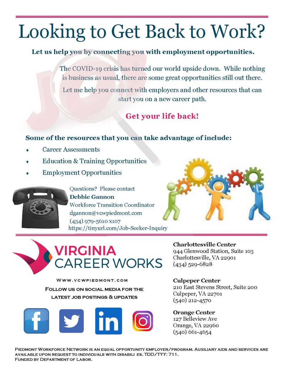 VCWPiedmont's tweet photo. Are you looking to get back to work?  Don't know where to start?  Contact us - we can help! https://t.co/5n0IZQw28L