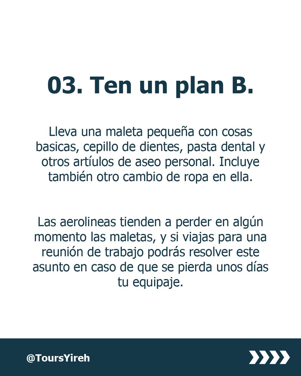 ToursYireh's tweet photo. ¿Volver a #Viajar por trabajo?  💼🤔 Te facilitamos 4 recomendaciones  🧳

✅  Empaca básicos.
✅ Zapatos cómodos.
✅  ¡Lleva una maleta pequeña en mano.
✅ Chequea las normas de prevención del lugar a donde Viajarás.

¿Alguna duda sobre como gestionar tu viaje?

#Vuelos https://t.co/gEsnMDUOO3