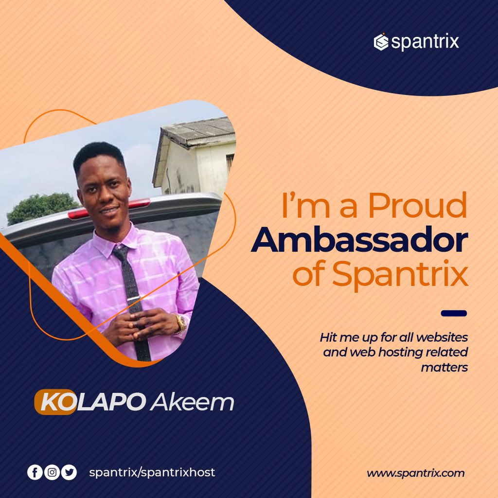 Oluwagbemiga04's tweet photo. I’m a proud Ambassador of Spantrix 
Hit me up for all websites and web hosting related matters

#Spantrix
#webhostingcompany
#Ambassadors
#TheUnveilingspa https://t.co/kinWjmW9Og