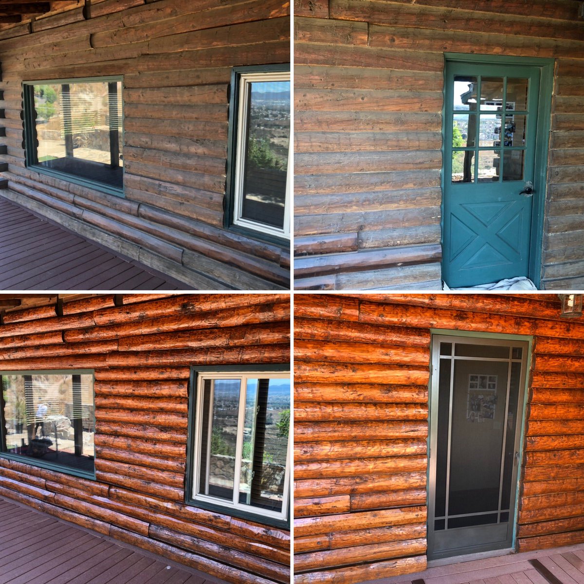 SheriffSpectre's tweet photo. Before and after sanding and re-staining. Finally done with the whole house. On to the next project now. 

#loghome #loghomemaintenance https://t.co/7a9wBBJIQp