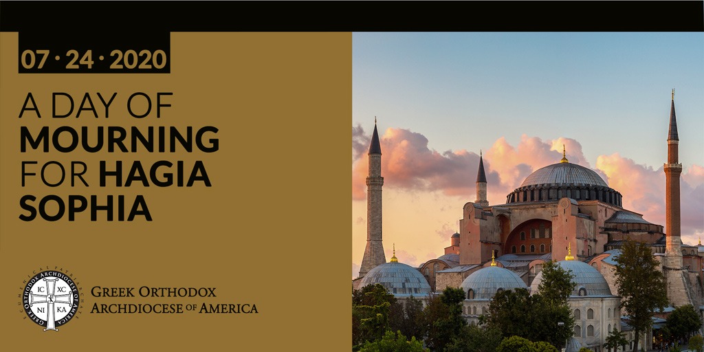 Elpidophoros's tweet photo. On the day of the re-conversion of #HagiaSophia into a mosque, we mourn not only for ourselves, but for the whole world whose loss this is. We mourn for all people of every faith and every conscience, violated by this forced conversion. https://t.co/S5bay7N5VP