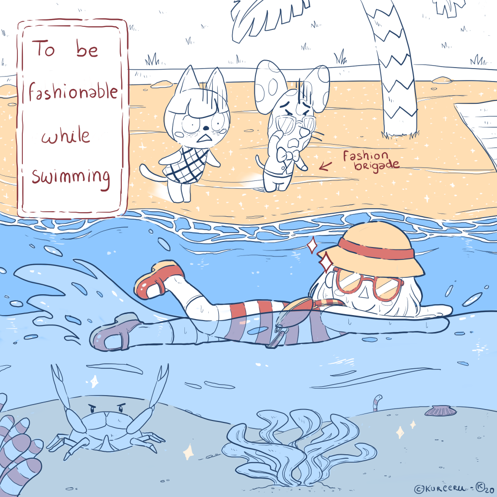Another AC comic. It's so funny to go swimming with all your accessories on.
#AnimalCrossingNewHorizon #ACNH 