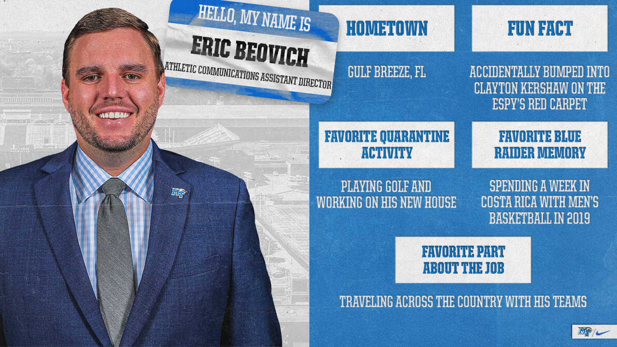 MTAthletics's tweet photo. 𝗛𝗲𝗹𝗹𝗼, 𝗺𝘆 𝗻𝗮𝗺𝗲 𝗶𝘀 𝙀𝙧𝙞𝙘 𝘽𝙚𝙤𝙫𝙞𝙘𝙝.

Eric joined Blue Raider Athletics in 2015. He serves as the sports information director for men's basketball, men's golf, and women's golf. 

#BlueRaiders | #MT https://t.co/RIoh5Z4W1o