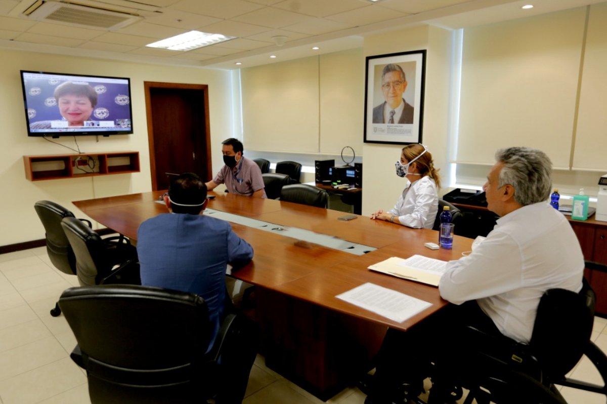 Lenin's tweet photo. ¡Enriquecedor diálogo con @KGeorgieva! Kristalina destacó nuestro trabajo en la reestructuración de la deuda y ratificó el apoyo del @FMInoticias a un nuevo acuerdo para obtener recursos que nos permitan superar la crisis, ayudar a los más vulnerables y reactivar la economía. https://t.co/ZeKPqBmVlS