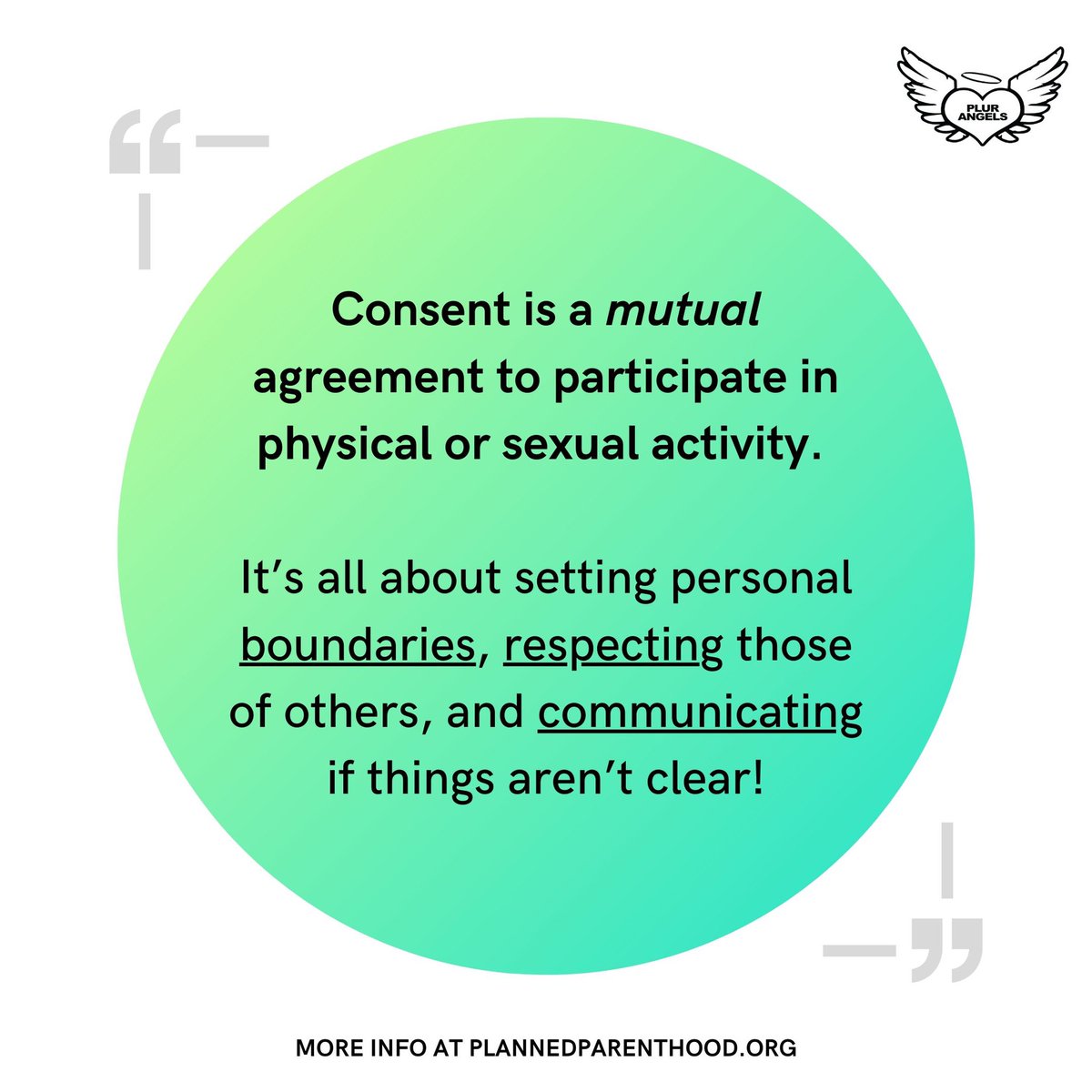 PLUR_Angels's tweet photo. PLUR Angels brings to you a new discussion, consisting of easy ways to educate others on how to practice positive conversation consent.  

Swipe to learn more! 💚 https://t.co/Th2LI97QzL