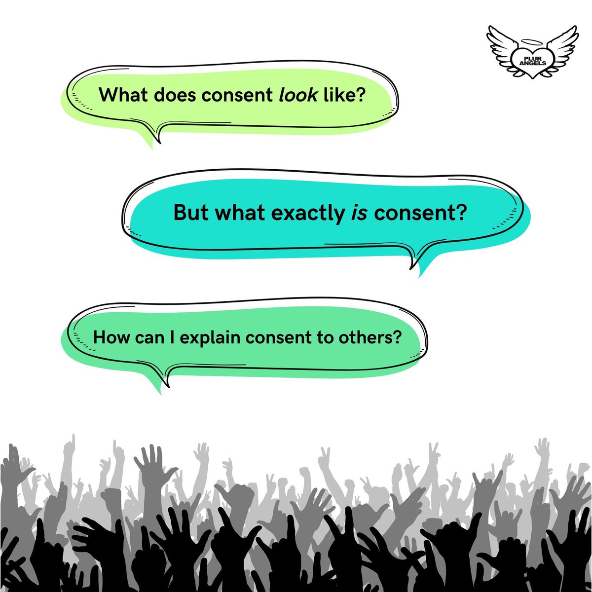 PLUR_Angels's tweet photo. PLUR Angels brings to you a new discussion, consisting of easy ways to educate others on how to practice positive conversation consent.  

Swipe to learn more! 💚 https://t.co/Th2LI97QzL