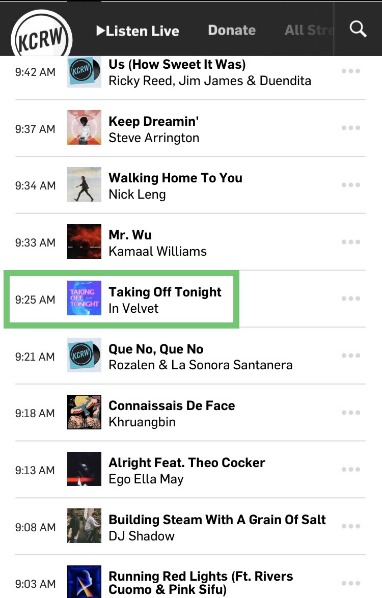 InVelvetMusic's tweet photo. Second straight day our music has been played on @mbeKCRW
Happy Friday!
🎶🎧🎶
#KCRW #TakingOffTonight https://t.co/mRFDyv6xTR