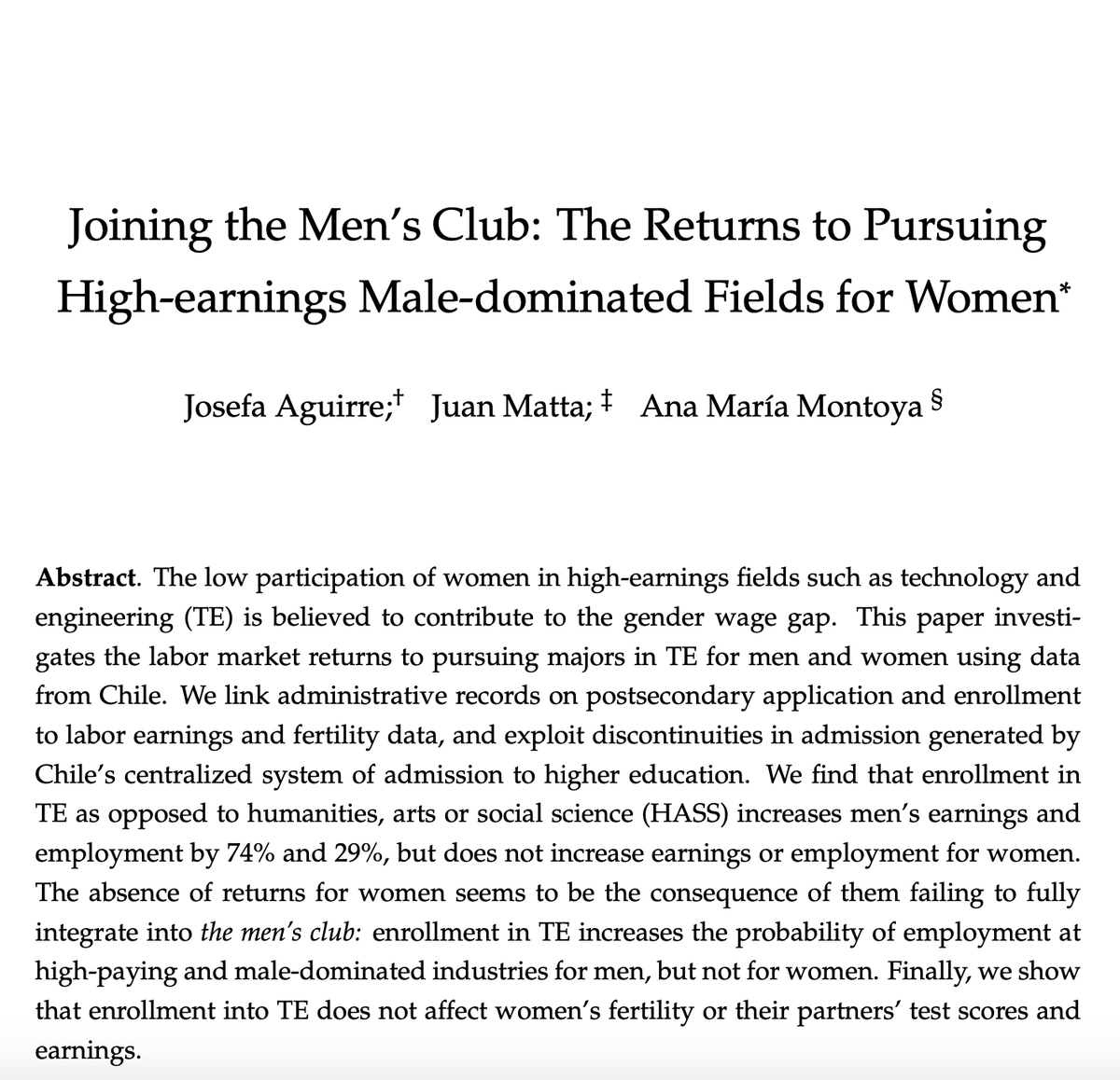 Excited to be presenting our joint paper with @jjmatta and Ana María Montoya on gender differences in the returns to pursuing a degree in technology and engineering tomorrow at 4:50 at the #NBERSI. Thread