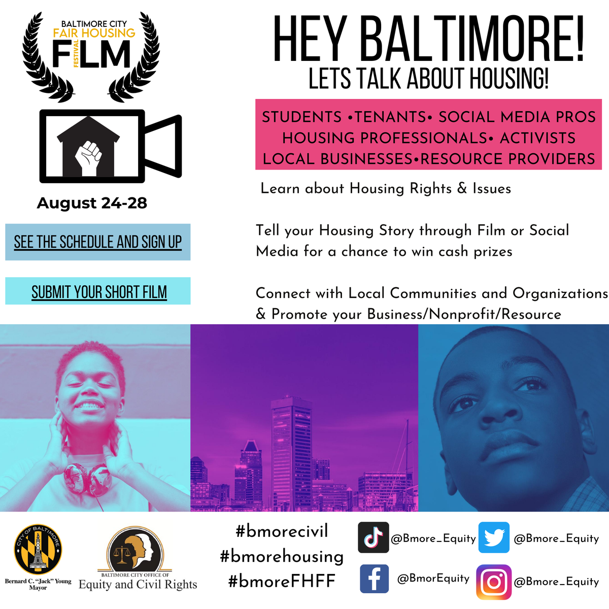 Bmore_Equity's tweet photo. Aug 27 @ 8PM

Highlight the Fight: How artists, community members, and activists came together to bring attention to housing discrimination

Panelists will discuss how issues of housing discrimination have evolved 

#bmoreFHFF #bmorecivil #bmorehousing 
https://t.co/gAeIAbbUnx https://t.co/1hqU6GGjXh