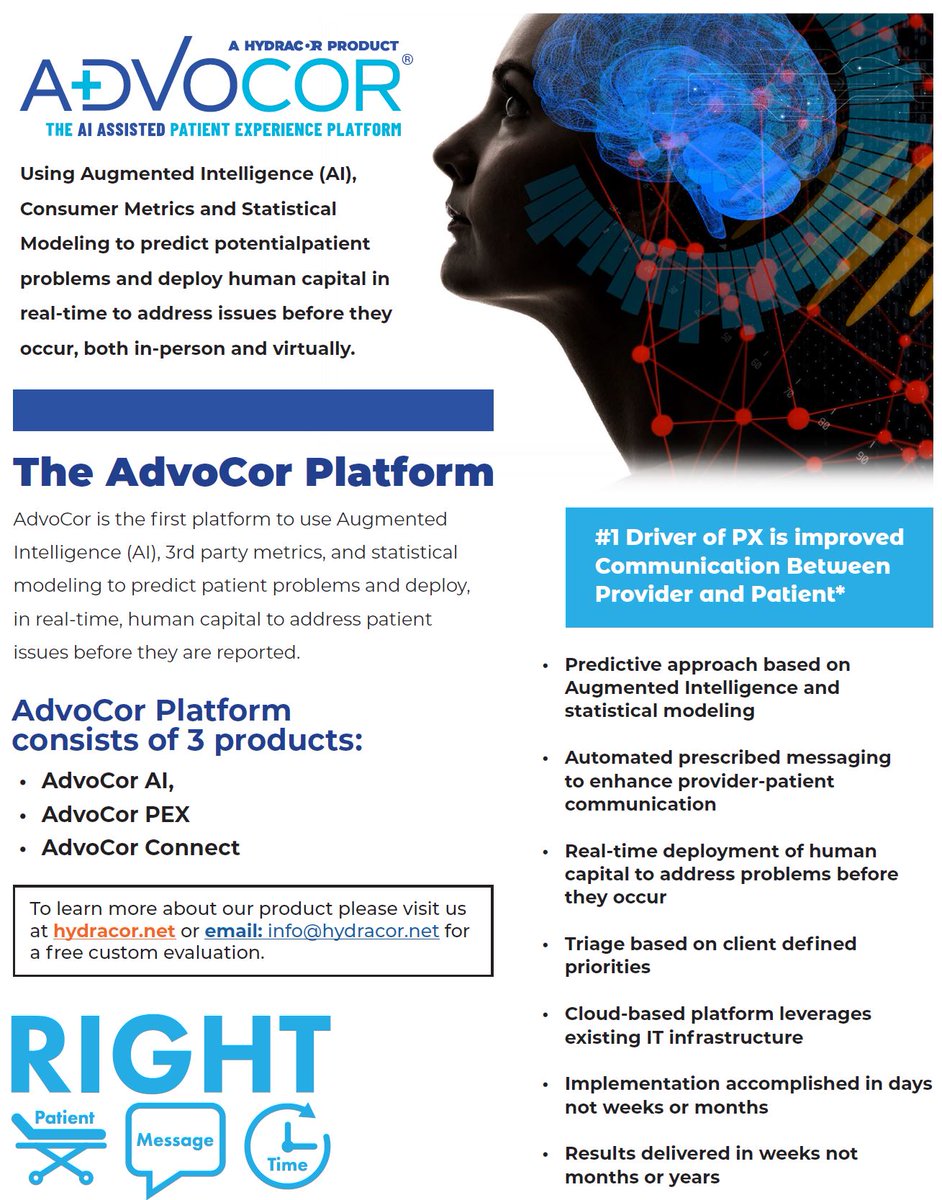 HydraCor's tweet photo. AdvoCor is the most comprehensive CAHPS improvement tool set on the market.  Leveraging AI to predict and resolve the concerns of your patients and a virtual connect feature for optional non-contact rounding.  

 #patientexperience #qualityimprovement  #hcahps https://t.co/tFvPzNWMzT