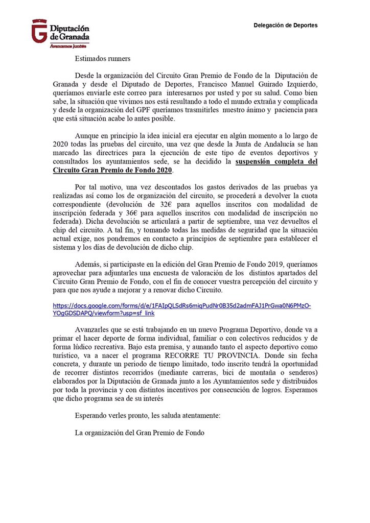 pazito_a_pazito's tweet photo. 🛑 CONFIRMADO: la Diputación de Granada echa el cierre al Gran Premio de Fondo 2020 por la COVID-19. No se disputará ninguna de las carreras aplazadas ni las que restaban hasta final de año. https://t.co/pSNPGYnDI8
