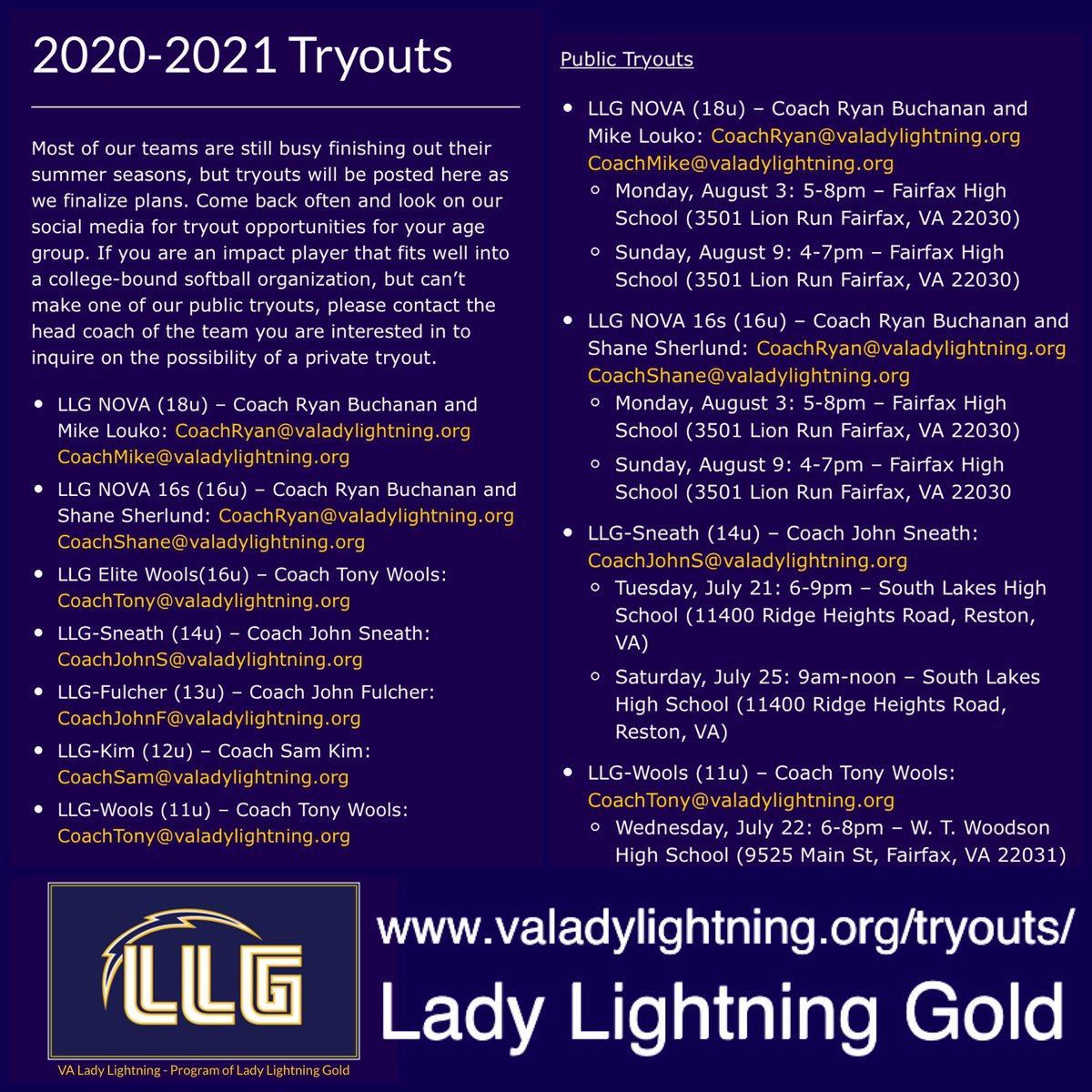 ROCKGOLDVA's tweet photo. LLG NOVA 14, 16 and 18 tryouts are published.  Please pre-register through these links.  Our Premier 14U Sneath group has added August 2nd tryout date (2pm) @ South Lakes.
NOVA - https://t.co/Dw1RuS1D0l
NOVA 16s - https://t.co/af0rEhTjjJ
NOVA Sneath - https://t.co/KxsJPcbbNs https://t.co/w8KxeleHdG