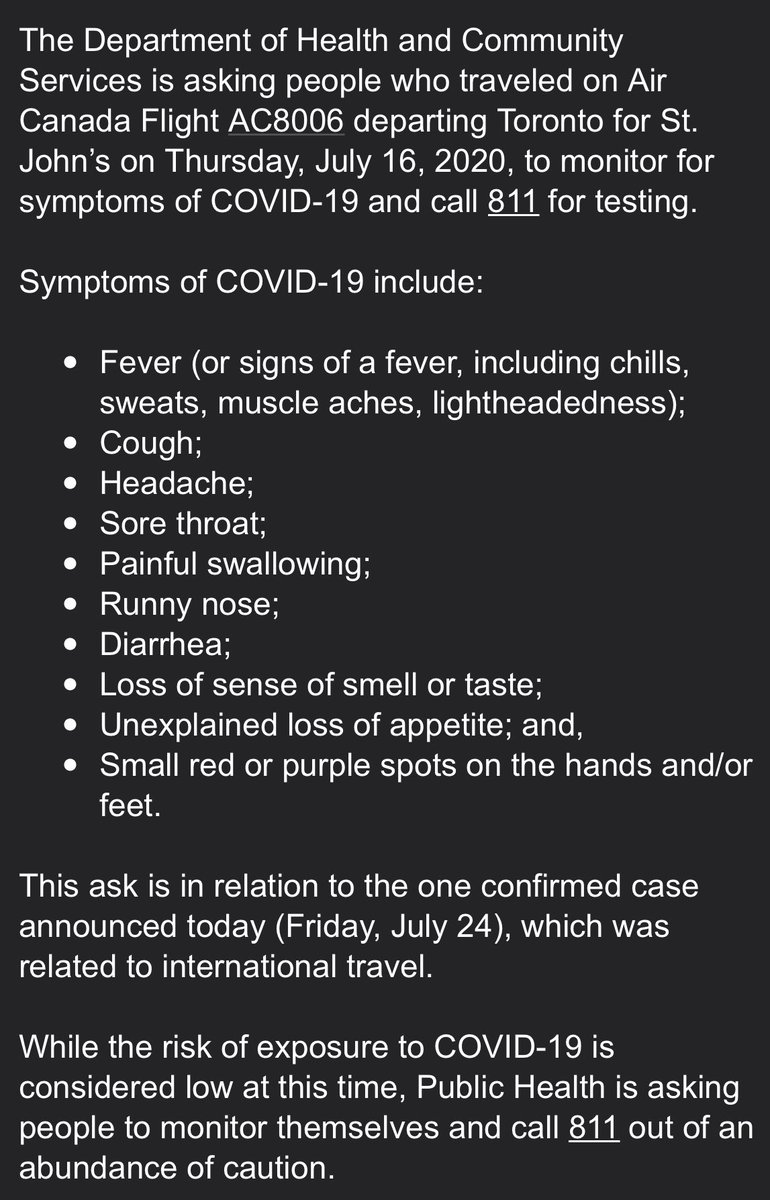RealDonBradshaw's tweet photo. If you travelled on an Air Canada flight between Toronto and St. John’s on July 16, you need to read this advisory. #Covid_19 https://t.co/6bWf5Ja3WT