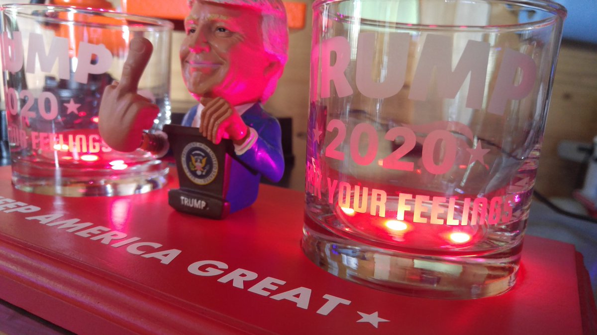 TazDrums's tweet photo. Trump 2020 collection features 2 custom etched rocks glasses with "TRUMP 2020 FUCK YOUR FEELINGS" and his silhouette on the back. LED base to light up your glasses and a Trump bobblefinger. $75.00 FREE SHIPPING! VENMO: wnycustomglass and message me your address. #TRUMP2020 #glASS https://t.co/dWI2WCY12C