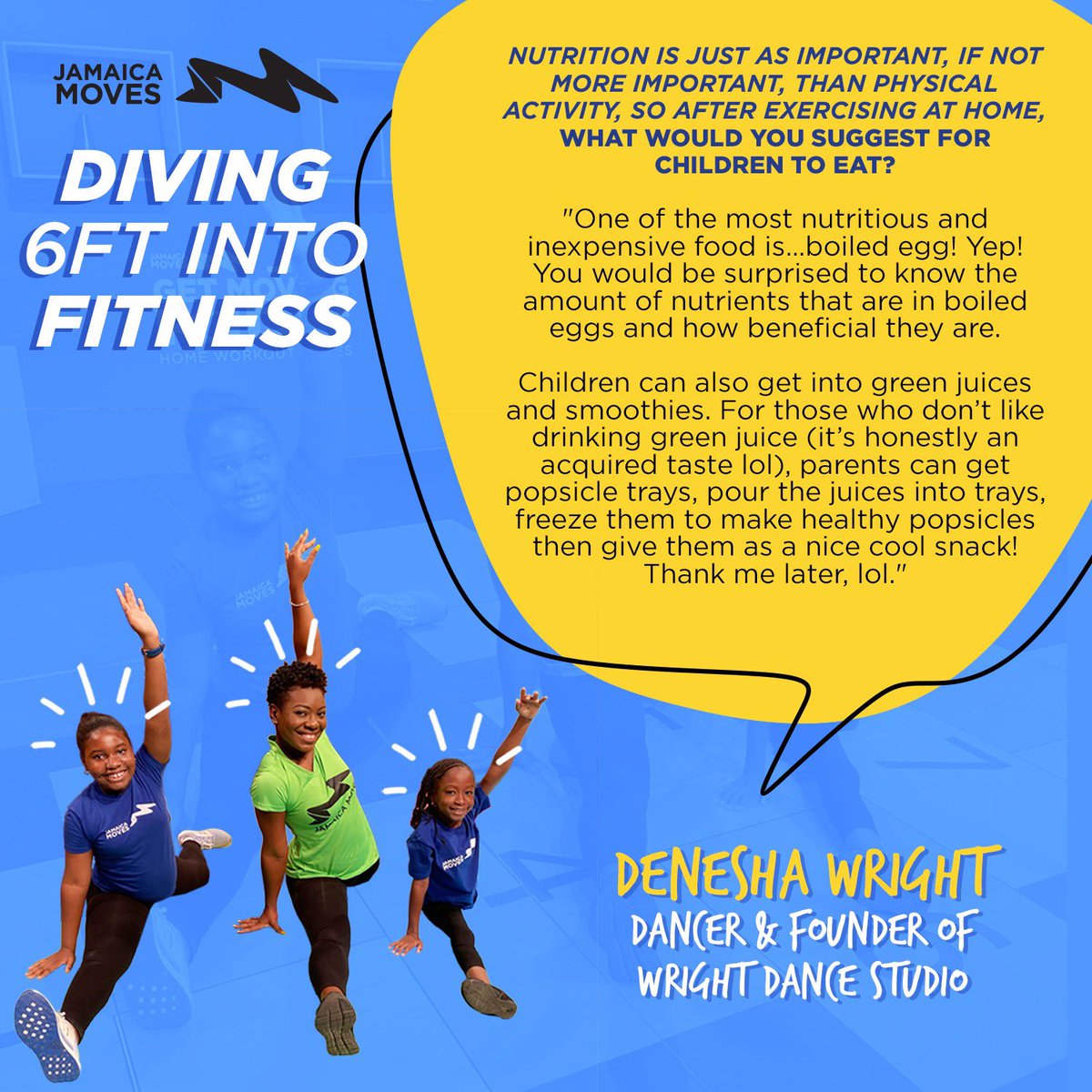 It’s the perfect cure for the #GetMoving nostalgia 🎉 Were diving 6 Feet into Fitness with some our Aunties and Uncles from #GetMovingKids
  
Aunty Den has the perfect hack for parents who want their kids to eat healthier 👀

READ the FULL interview here: jamaicamoves.com/single-post/20…