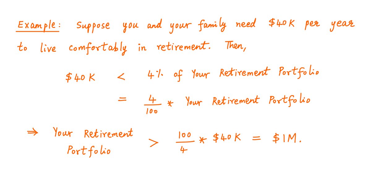 5/For example, suppose you and your family need $40K/year to live comfortably in retirement.Then you need to accumulate a portfolio that's at least $1M.Another way to say this is: your portfolio should be at least 25 times your annual expenses in retirement.