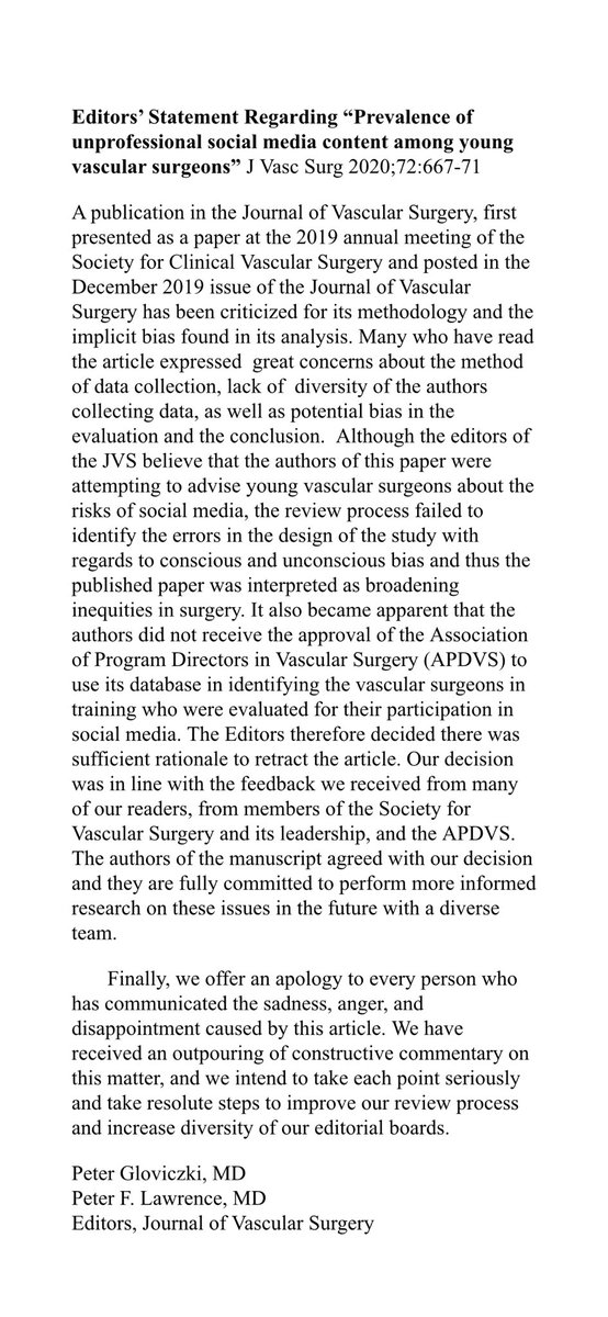 Editor’s Statement Regarding “Prevalence of unprofessional society media content among young vascular surgeons”