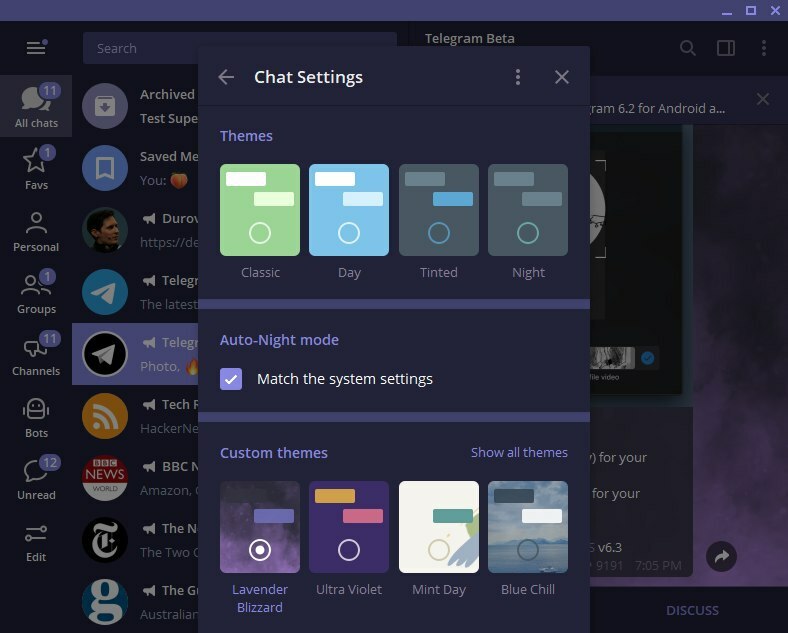 TelegramBeta's tweet photo. 🆕 Night Mode Improvement

• Use Auto-Night Mode to make Telegram night mode match the system Dark Mode settings.
• Enjoy dark native window frame for Telegram night mode on Windows.

@Telegram #beta #tdesktop v2.1.22 https://t.co/YBEjKVaJbY https://t.co/051V43NYkw
