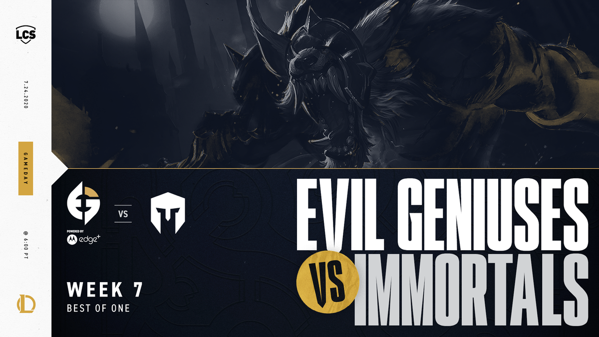EvilGeniuses's tweet photo. The Master Plan is back in motion.

#EGLCS is kicking off #LCS Friday Night League against @Immortals. #EGWIN

🔴 https://t.co/4eMqBc9Yk5 https://t.co/ApGbex7Ep6
