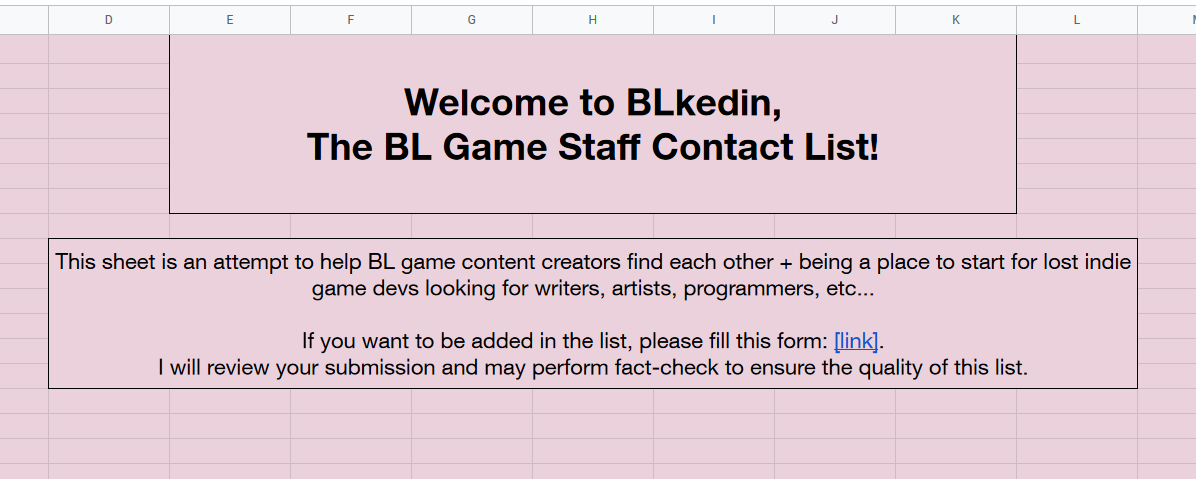 Made with my blood, sweat and tears, I present to you: BLkedin, a list of BL Game content creators of all kinds for hire in free or commercial project!

It's pretty empty right now. You can add yourself to the list by filling this form: docs.google.com/forms/d/e/1FAI…