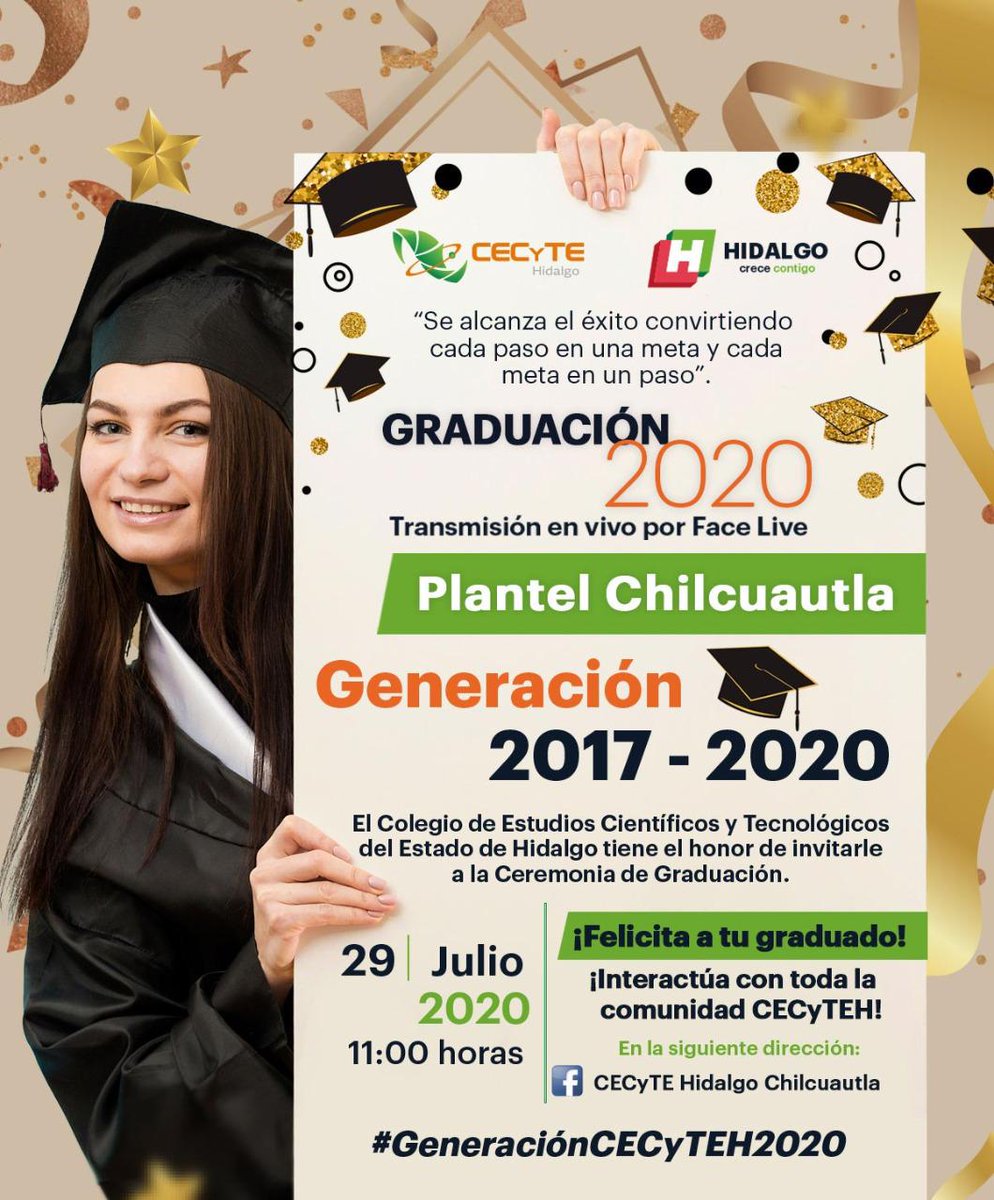 CECyTEHChilcuau's tweet photo. El CECyTEH Chilcuautla se complace en invitarlos a ser parte de este gran logro que han conseguido nuestros  alumnos. 
¡Felicita a tu graduado!
#GeneraciónCECyTEH2020 https://t.co/W4kBVNpYpk